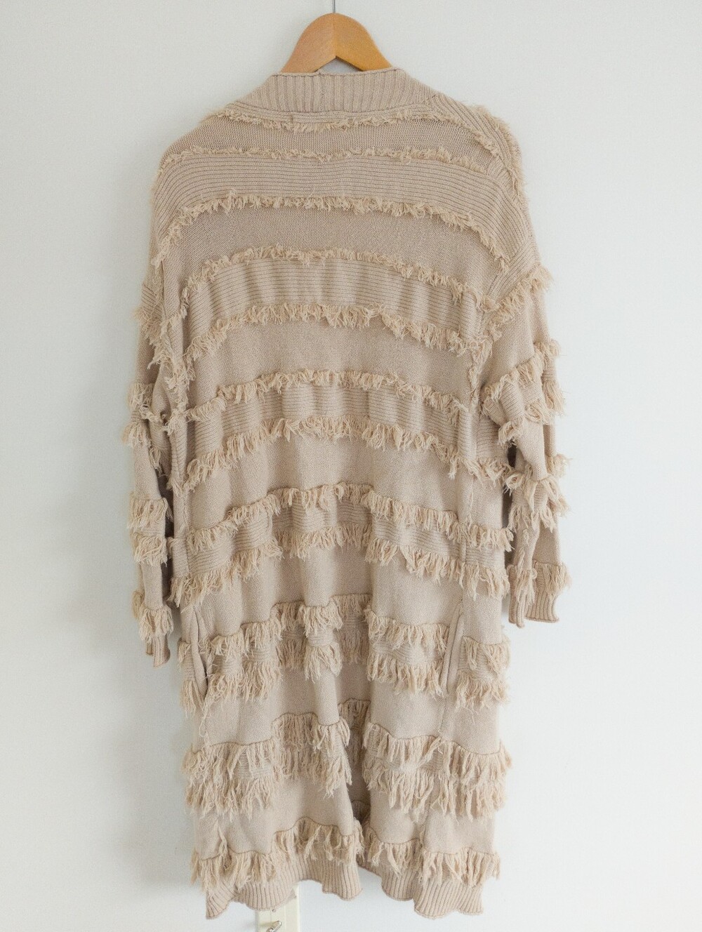 Lost In Lunar Beige Fringe Knit Open Front Long Duster Cardigan Sweater S/M - Picture 8 of 8
